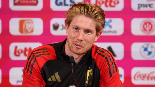 Belgium's Kevin De Bruyne gives a press conference following a training session as part of the team's preparation for the Euro 2024 European football championships at the Royal Belgian Football Association's training center in Tubize, on June 4, 2024. (Photo by VIRGINIE LEFOUR / Belga / AFP) / Belgium OUT