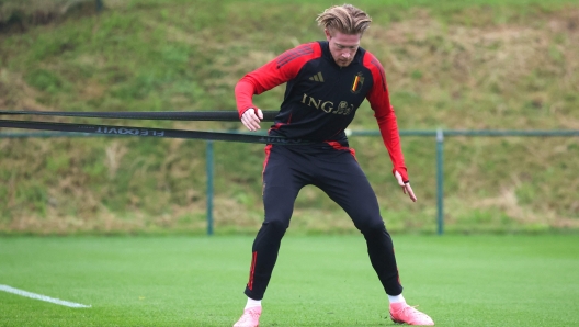 Belgium's midfielder Kevin De Bruyne takes part in a training session as part of the team's preparation for upcoming UEFA Euro 2024 football tournament, at the Royal Belgian Football Association's training centre in Tubize, south of Brussels, on June 1, 2024. (Photo by VIRGINIE LEFOUR / Belga / AFP) / Belgium OUT