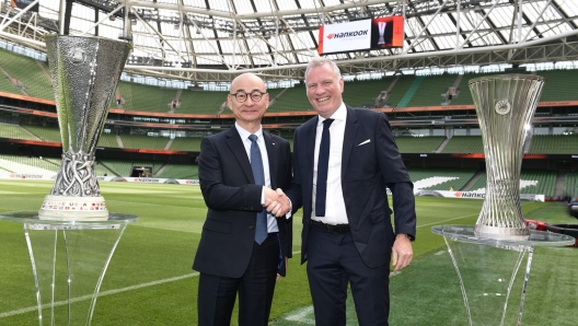 DUBLIN, IRELAND - MAY 21: Hankook sponsorship announcement ahead of the UEFA Europa League 2023/24 final match between Atalanta BC and Bayer 04 Leverkusen at Dublin Arena on May 21, 2024 in Dublin, Ireland.(Photo by Charles McQuillan - UEFA/UEFA via Getty Images)