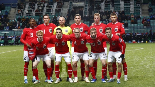 epa11393052 (FILE) Team Austria starting eleven pose for photos prior to the UEFA EURO 2024 Group F qualification match between Estonia and Austria in Tallinn, Estonia, 16 November 2023 (re-issued 06 June 2024). Austria will play in Group D at the UEFA EURO 2024 with the Netherlands, France, Poland. Top from L: David Alaba, Michael Gregoritsch, Alexander Schlager, Maximilian Woeber, Philipp Lienhart and Stefan Posch. Bottom from L: Nicolas Seiwald, Marcel Sabitzer, Xaver Schlager, Konrad Laimer and  Christoph Baumgartner.  EPA/TOMS KALNINS