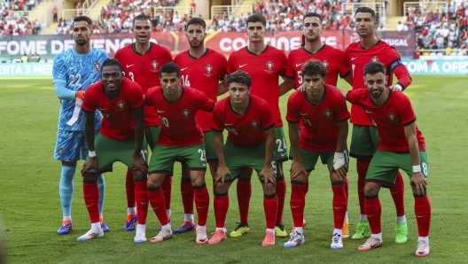 AVEIRO, PORTUGAL - JUNE 11: Portugal staring eleven Diogo Costa, Pepe, Goncalo Inacio, Antonio Silva, Diogo Dalot, Cristiano Ronaldo, Rafael Leao, Joao Cancelo, Joao Neves, Joao Felix, Bruno Fernandes during the International Friendly match between Portugal and Republic or Ireland at Estadio Municipal de Aveiro on June 11, 2024 in Aveiro, Portugal. (Photo by Carlos Rodrigues/Getty Images)