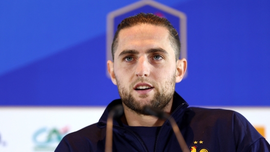 France's midfielder #14 Adrien Rabiot gives a press conference at the Home Deluxe Arena Stadium in Paderborn, western Germany, on June 19, 2024, during the UEFA EURO 2024 football competition. (Photo by FRANCK FIFE / AFP)