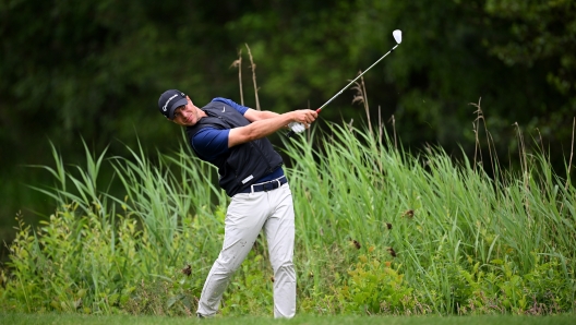 HAMBURG, GERMANY - JUNE 02: Guido Migliozzi of Italy plays a shot on the sixth hole during Day Four of the European Open at Green Eagle Golf Course on June 02, 2024 in Winsen, Germany. (Photo by Stuart Franklin/Getty Images)