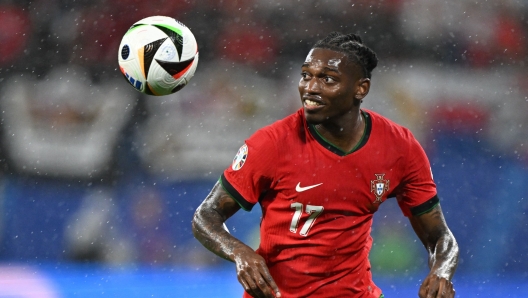 Portugal's forward #17 Rafael Leao eyes the ball during the UEFA Euro 2024 Group F football match between Portugal and the Czech Republic at the Leipzig Stadium in Leipzig on June 18, 2024. (Photo by PATRICIA DE MELO MOREIRA / AFP)