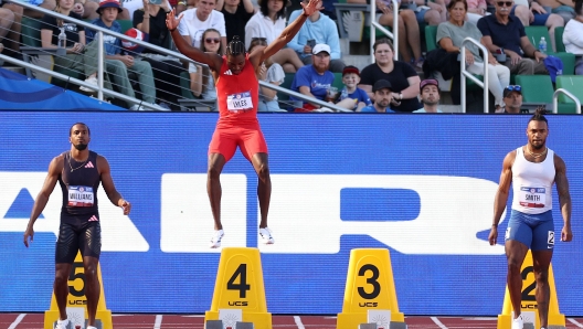 EUGENE, OREGON - JUNE 23: Noah Lyles prepares to run in the men's 100 meter semi-final on Day Three 2024 U.S. Olympic Team Trials Track & Field at Hayward Field on June 23, 2024 in Eugene, Oregon.   Christian Petersen/Getty Images/AFP (Photo by Christian Petersen / GETTY IMAGES NORTH AMERICA / Getty Images via AFP)