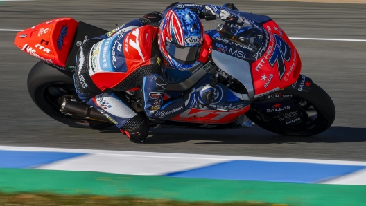 epa11302877 Moto2 Japanese rider Ai Ogura of MT Helmets-MSI in action during the free practice session ahead of the 2024 Motorcycling Gran Prix of Spain at the Jerez-Angel Nieto race track in Jerez de la Frontera, Andalusia, southern Spain, 26 April 2024.  EPA/Roman Rios