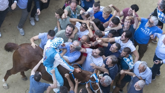 Jockey Carlo Sanna, also known as Brigante, on horse Tabacco winning the historical horse race 'Palio di Siena' has been postponed to 3 July due to the rain the historical horse race 'Palio di Siena' in Siena, Italy, 04 July 2024. The traditional horse races between the Siena city districts will be held 02 July as the 'Palio di Provenzano' on the holiday of the Madonna of Provenzano and on 16 August as the 'Palio dell'Assunta' on the holiday of the Virgin Mary. ANSA/CLAUDIO GIOVANNINI