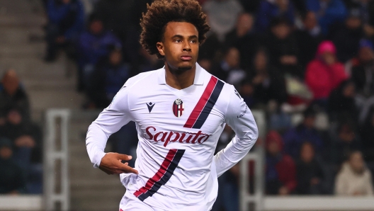 Bologna's Joshua Zirkzee celebrates after goal 1-1 during the Italian Serie A soccer match Atalanta BC vs Bologna FC at Gewiss Stadium in Bergamo, Italy, 3 March 2024. ANSA/MICHELE MARAVIGLIA