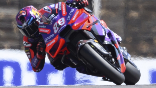 Spain's Jorge Martin steers his Ducati during a qualifying round at the German Moto Grand Prix, in Hohenstein-Ernstthal, Saturday, July 6, 2024. (Robert Michael/dpa via AP)