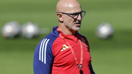 epa11466378 Spain head coach Luis de la Fuente attends the team's training session in Donaueschingen, Germany, 08 July 2024. Spain plays France in a UEFA EURO 2024 semi-finals match on 09 July.  EPA/RONALD WITTEK