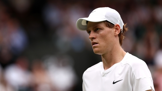 LONDON, ENGLAND - JULY 09: Jannik Sinner of Italy reacts as he plays against Daniil Medvedev in the Gentlemen's Singles Quarter Final match during day nine of The Championships Wimbledon 2024 at All England Lawn Tennis and Croquet Club on July 09, 2024 in London, England. (Photo by Francois Nel/Getty Images)