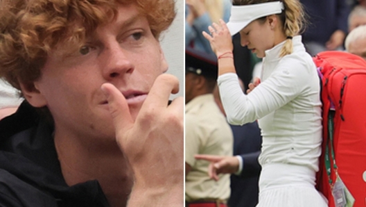 Nella combo, Jannik Sinner (s), oggi in campo per i quarti di finale a Wimbledon, che dagli spalti assiste attonito al ritiro dal singolare femminile della fidanzata Anna Kalinskaya (d), per infortunio, Londra, 9 luglio 2024 CNL -ANSA