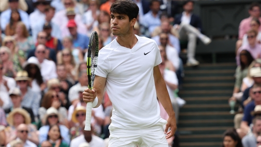 epa11477501 Carlos Alcaraz of Spain reacts during the men's singles final against Novak Djokovic of Serbia  at the Wimbledon Championships, Wimbledon, Britain, 14 July 2024.  EPA/ADAM VAUGHAN  EDITORIAL USE ONLY