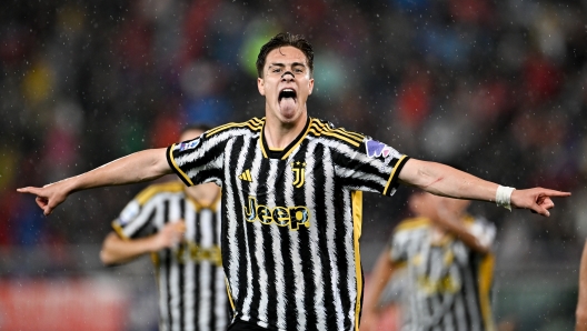 BOLOGNA, ITALY - MAY 20: Kenan Yildiz of Juventus  celebrates 3-3 goal during the Serie A TIM match between Bologna FC and Juventus at Stadio Renato Dall'Ara on May 20, 2024 in Bologna, Italy.(Photo by Daniele Badolato - Juventus FC/Juventus FC via Getty Images)