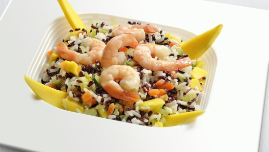 White and Red Rice salad with  Fruits and Vegetables Prawns