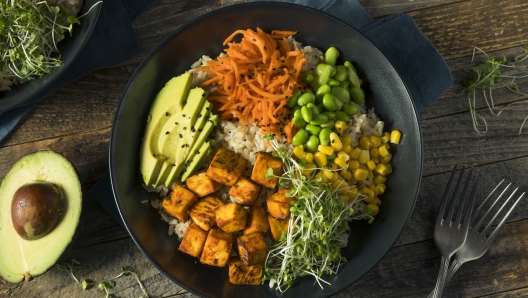 Healthy Organic Tofu and Rice Buddha Bowl with Veggies