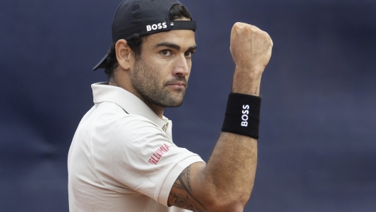 Matteo Berrettini of Italy celebrates during his quarter final match against Felix Auger-Aliassime of Canada at the Swiss Open tennis tournament in Gstaad, Switzerland, Friday, July 19, 2024. (Peter Klaunzer/Keystone via AP)