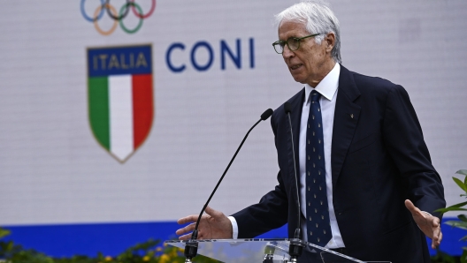 Giovanni Malago, presidente del Coni, durante la cerimonia nei giardini del Quirinale di consegna della bandiera tricolore per gli atleti in partenza per i Giochi Olimpici e Paralimpici di Parigi, Roma, 13 giugno 2024. ANSA/RICCARDO ANTIMIANI