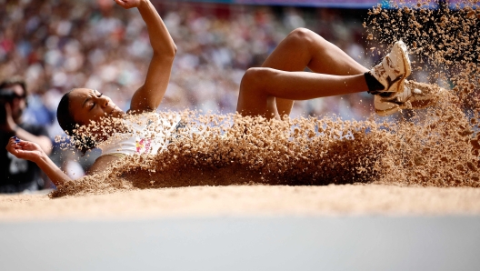 Italy's Larissa Iapichino competes in the Women's long jump event during the IAAF Diamond League athletics meeting at the London stadium in London on July 20, 2024. (Photo by BENJAMIN CREMEL / AFP)