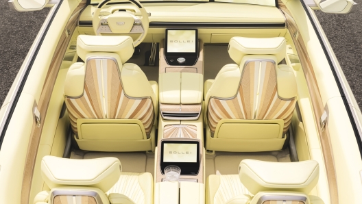 Birds eye view of Cadillac SOLLEI concept vehicle with bespoke Sola Yellow Iridescent interior