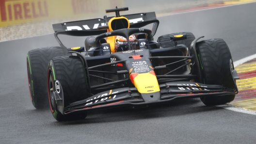 Red Bull driver Max Verstappen of the Netherlands steers his car during the third practice session of the Formula One Grand Prix at the Spa-Francorchamps racetrack in Spa, Belgium, Saturday, July 27, 2024. The Belgian Formula One Grand Prix will take place on Sunday. (AP Photo/Geert Vanden Wijngaert)