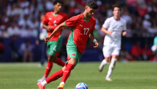 PARIS, FRANCE - AUGUST 02: Oussama El Azzouzi of Team Morocco during the Men's Quarter Final match between Morocco and United States during the Olympic Games Paris 2024 at Parc des Princes on August 02, 2024 in Paris, France. (Photo by Marc Atkins/Getty Images)