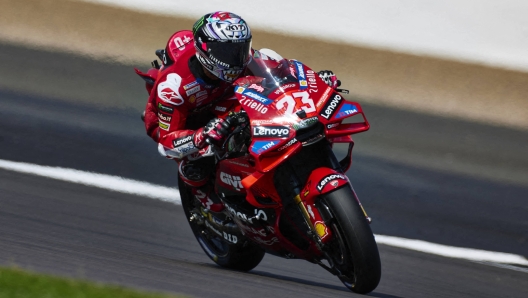 Ducati Lenovo Team's Italian rider Enea Bastianini takes part in a practice session of the MotoGP British Grand Prix at Silverstone circuit in Northamptonshire, central England, on August 2, 2024. (Photo by BENJAMIN CREMEL / AFP)