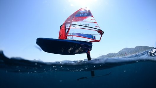 MARSEILLE, FRANCE - JULY 30: Marta Maggetti of Team Italy competes in the Women's Windsurf iQFoil class race on day four of the Olympic Games Paris 2024 at Marseille Marina on July 30, 2024 in Marseille, France. (Photo by Clive Mason/Getty Images)