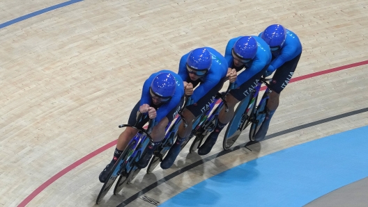 Italy's team ( Simone Consonni , Filippo Ganna , Francesco Lamon , Jonathan Milan) in action during Cycling track Men's team Pursuit first round  at the 2024 Summer Olympics , Tuesday , August 6 ,  2024, in Paris, France. (Photo by Spada/LaPresse)