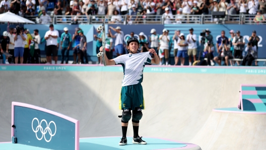 PARIS, FRANCE - AUGUST 07: Gold medalist Keegan Palmer of Team Australia celebrates during the Men's Park Final on day twelve of the Olympic Games Paris 2024 at Place de la Concorde on August 07, 2024 in Paris, France. (Photo by Carl Recine/Getty Images)