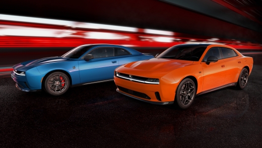 The Dodge Charger Daytona Scat Pack (shown in Bludicrous) and Dodge Charger Daytona R/T (shown in Peel Out) represent the first–ever all-electric vehicles from the Dodge brand.