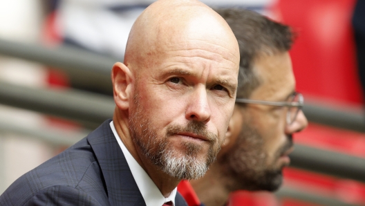 Manchester United manager Erik ten Hag watches his team during the FA Community Shield final soccer match between Manchester City and Manchester United at Wembley Stadium in London, Saturday, Aug. 10, 2024. (AP Photo/David Cliff)