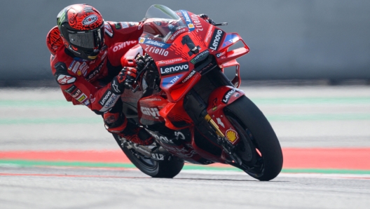 Ducati Lenovo Team's Italian rider Francesco Bagnaia races during the first practice session of the Austrian MotoGP weekend at the Red Bull Ring racetrack in Spielberg, Austria on August 16, 2024.  (Photo by Jure Makovec / AFP)