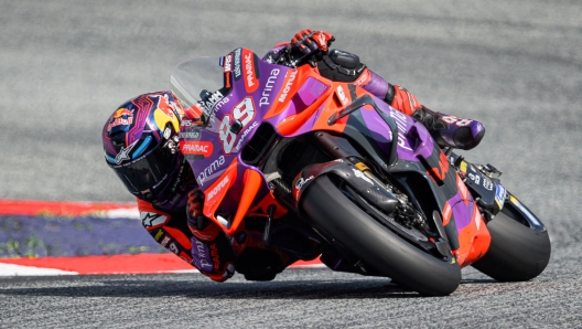 Prima Pramac Racing's Spanish rider Jorge Martin races during a practice session of the Austrian MotoGP weekend at the Red Bull Ring racetrack in Spielberg, Austria on August 16, 2024.  (Photo by Jure Makovec / AFP)