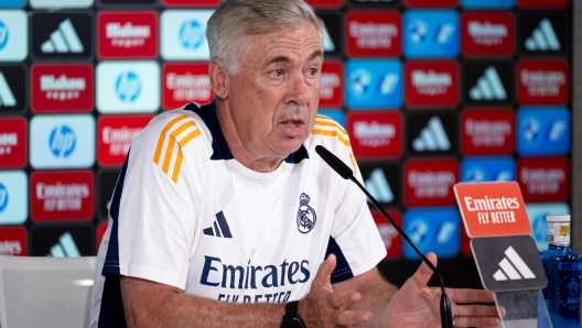 epa11552647 Real Madrid's head coach Carlo Ancelotti gives a press conference after the team's training session at Valdebebas Sports City in Madrid, Spain, 17 August 2024, on the eve of their LaLiga soccer match against Mallorca.  EPA/Daniel Gonzalez