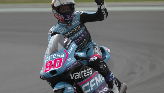 NORTHAMPTON, ENGLAND - AUGUST 04: David Alonso of Colombia and  CFMOTO Aspar Team celebrates the second place at the end of  the Moto3 race during the MotoGP Of Great Britain - Race at Silverstone Circuit on August 04, 2024 in Northampton, England. (Photo by Mirco Lazzari gp/Getty Images)