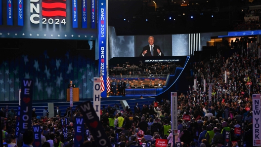 CHICAGO, ILLINOIS - AUGUST 19: U.S. President Joe Biden speaks onstage during the first day of the Democratic National Convention at the United Center on August 19, 2024 in Chicago, Illinois. Delegates, politicians, and Democratic party supporters are in Chicago for the convention, concluding with current Vice President Kamala Harris accepting her party's presidential nomination. The DNC takes place from August 19-22.   Brandon Bell/Getty Images/AFP (Photo by Brandon Bell / GETTY IMAGES NORTH AMERICA / Getty Images via AFP)