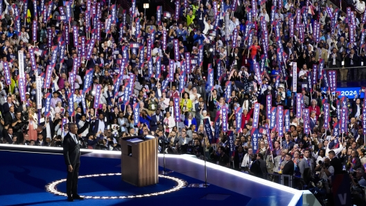 Former President Barack Obama speaks during the Democratic National Convention Tuesday, Aug. 20, 2024, in Chicago. (AP Photo/Morry Gash)