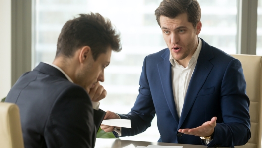 Angry mean boss yelling at employee for missing deadline, executive manager scolding ineffective salesman showing bad work results, firing worker for failure, team leader dissatisfied with report