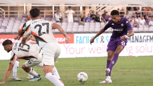 Fiorentina?s Amir Richardson fights for the ball with Venezia's Giorgio Altare during the Serie A Enilive 2024/2025 match between Fiorentina and Venezia - Serie A Enilive at Artemio Franchi Stadium - Sport, Soccer - Florence, Italy - Sunday August 25, 2024 (Photo by Massimo Paolone/LaPresse)