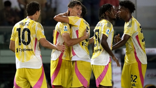 VERONA, ITALY - AUGUST 26: Nicolo Savona of Juventus FC celebrates his first goal during the Serie match between Hellas Verona and Juventus at Stadio Marcantonio Bentegodi on August 26, 2024 in Verona, Italy. (Photo by Pier Marco Tacca/Getty Images)