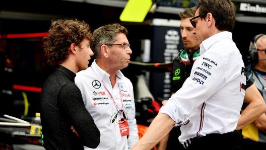 MONTE-CARLO, MONACO - MAY 24: Andrea Kimi Antonelli of Italy and PREMA Racing (4) talks with Mercedes GP Executive Director Toto Wolff in the Pitlane during qualifying ahead of Round 5 Monte Carlo of the Formula 2 Championship at Circuit de Monaco on May 24, 2024 in Monte-Carlo, Monaco. (Photo by James Sutton - Formula 1/Formula Motorsport Limited via Getty Images)