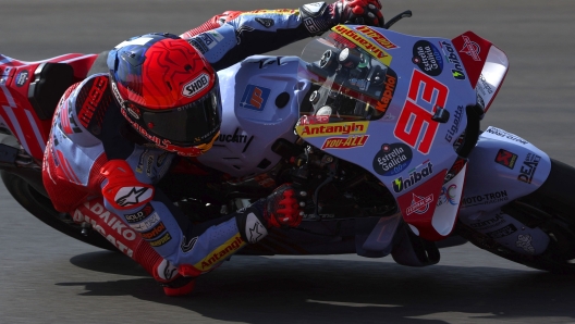 Ducati Spanish rider Marc Marquez takes a curve during the first MotoGP free practice session of the Moto Grand Prix of Aragon at the Motorland circuit in Alcaniz on August 30, 2024. (Photo by Pierre-Philippe MARCOU / AFP)