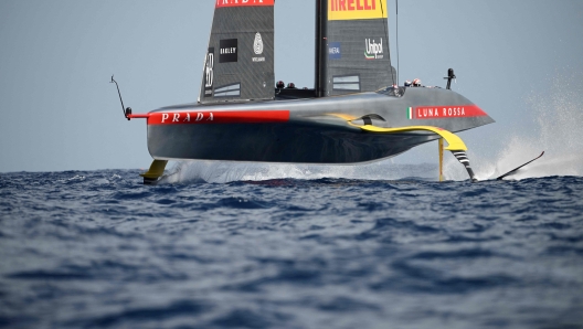 Italia's Luna Rossa Prada Pirelli competes on the third day of the 37th America's Cup-Luis Vuitton preliminary regatta, off the coast of Barcelona on August 31, 2024. (Photo by Josep LAGO / AFP)