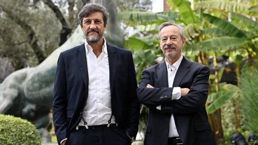 Riccardo Iacona (D) con Paolo Corsini (S), direttore Approfondimento Rai, durante la presentazione della nuova stagione di Presadiretta in onda su Rai Tre, Roma, 16 febbraio 2024. ANSA/RICCARDO ANTIMIANI