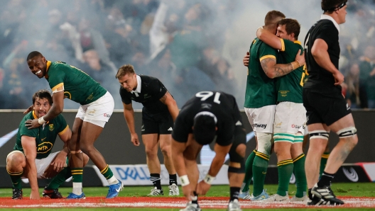 South African players celebrate winning the Rugby Championship Test match between South Africa and New Zealand at the Ellis Park Stadium in Johannesburg on August 31, 2024. (Photo by PHILL MAGAKOE / AFP)