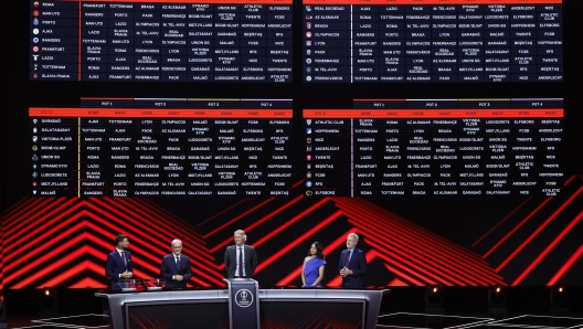 epaselect epa11573199 A screen displays the draw results of the UEFA Europa League league phase draw 2024/25, in Monaco, 30 August 2024.  EPA/SEBASTIEN NOGIER