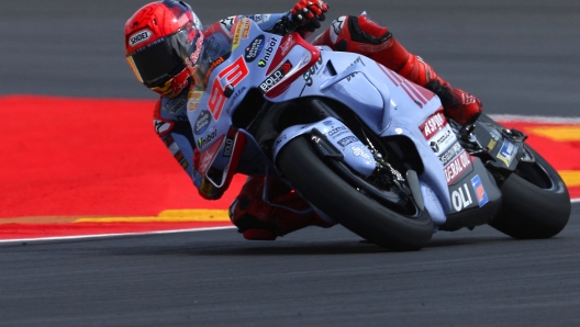 Ducati Spanish rider Marc Marquez rides during the MotoGP afternoon practice session of the Moto Grand Prix of Aragon at the Motorland circuit in Alcaniz on August 30, 2024. (Photo by Pierre-Philippe MARCOU / AFP)