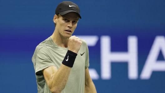 Jannik Sinner, of Italy, reacts against Tommy Paul, of the United States, during a fourth round match of the U.S. Open tennis championships, Monday, Sept. 2, 2024, in New York. (AP Photo/Adam Hunger)