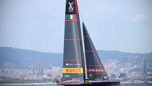 Italia's Luna Rossa Prada Pirelli competes on the third day of the 37th America's Cup-Luis Vuitton preliminary regatta, off the coast of Barcelona on August 31, 2024. (Photo by Josep LAGO / AFP)